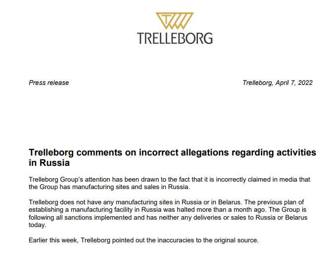 特瑞堡暫停在俄建設(shè)密封件工廠的計劃 特瑞堡暫停在俄建設(shè)密封件工廠的計劃